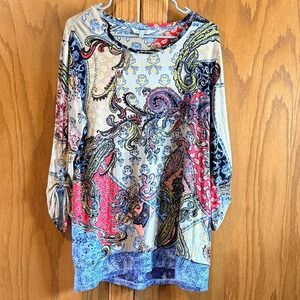 John Mark Women Multicolor Paisley Lace Hem Roll Tab Sleeve Tunic Top Large
